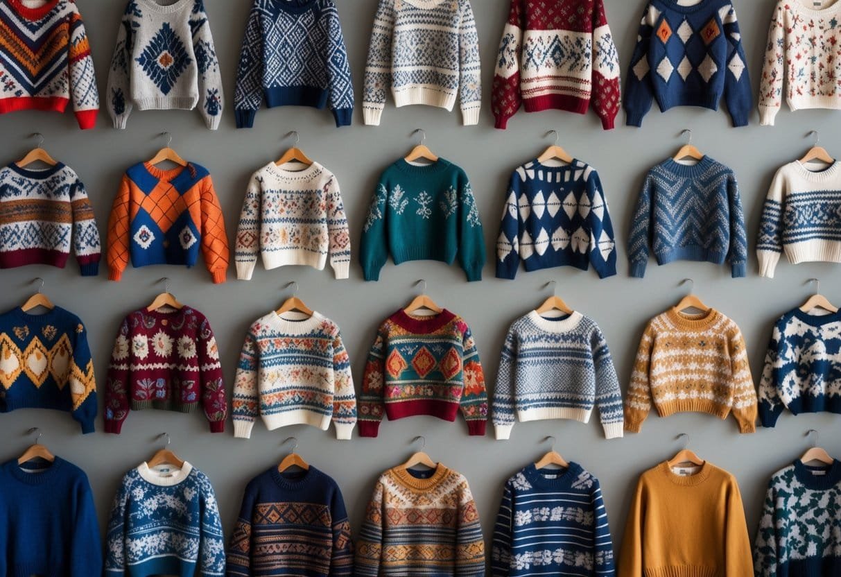 A collection of various patterned sweaters hanging on wooden hangers against a plain background.