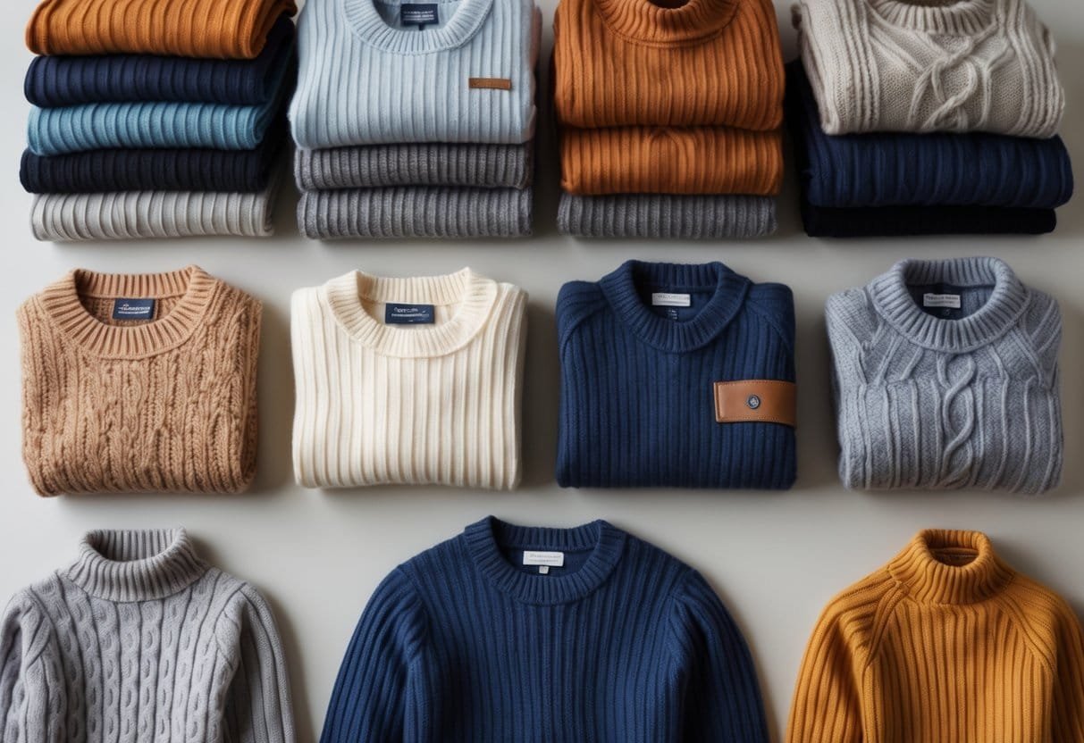 A variety of merino wool sweaters in different styles and colors arranged neatly on a plain background.