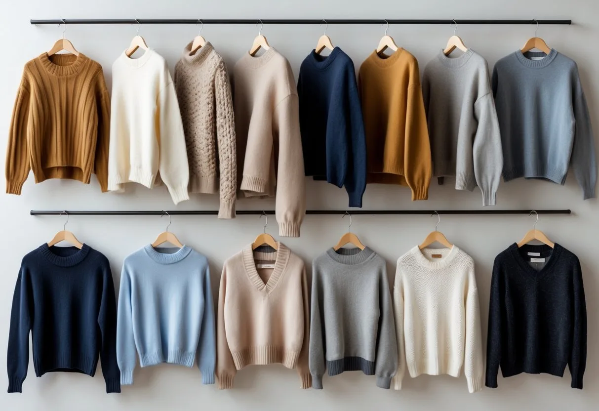 A neatly arranged collection of various types of sweaters displayed on hangers and folded on a neutral background.