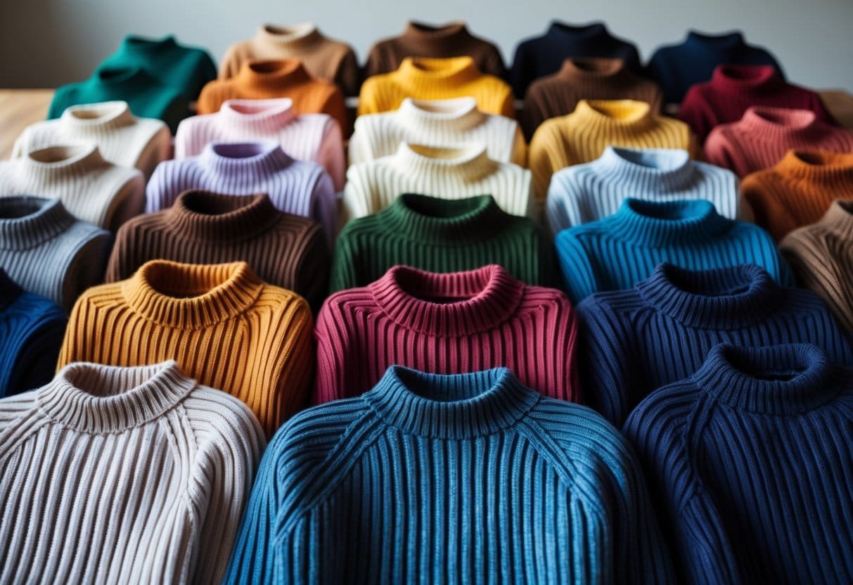 A collection of ribbed sweaters in various styles and colors arranged on a wooden table.