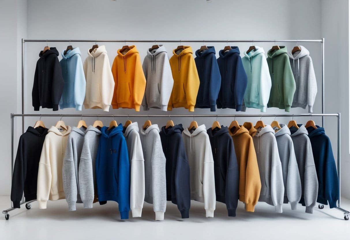 A variety of hooded sweaters displayed on hangers in a bright studio.