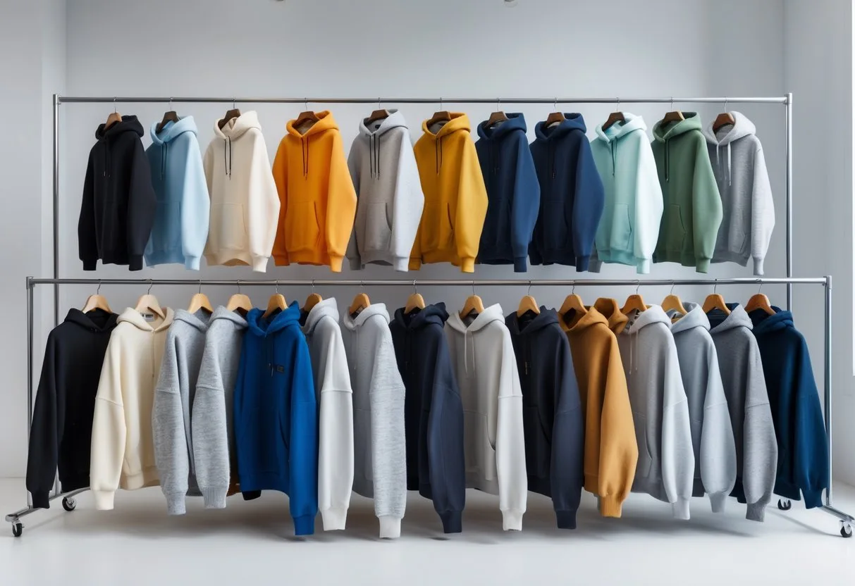 A variety of hooded sweaters displayed on hangers in a bright studio.