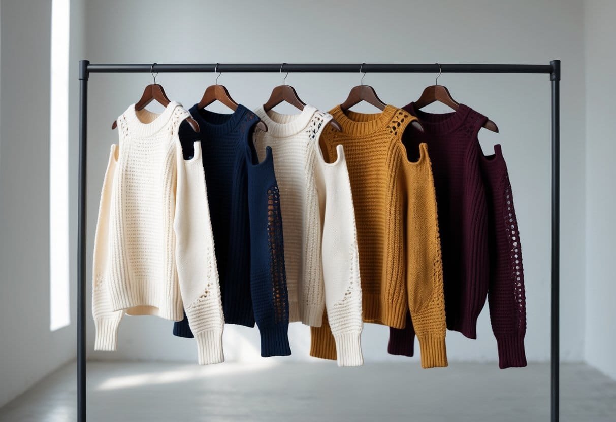 A collection of sweaters with different cutout designs displayed on mannequins and hangers in a bright studio.