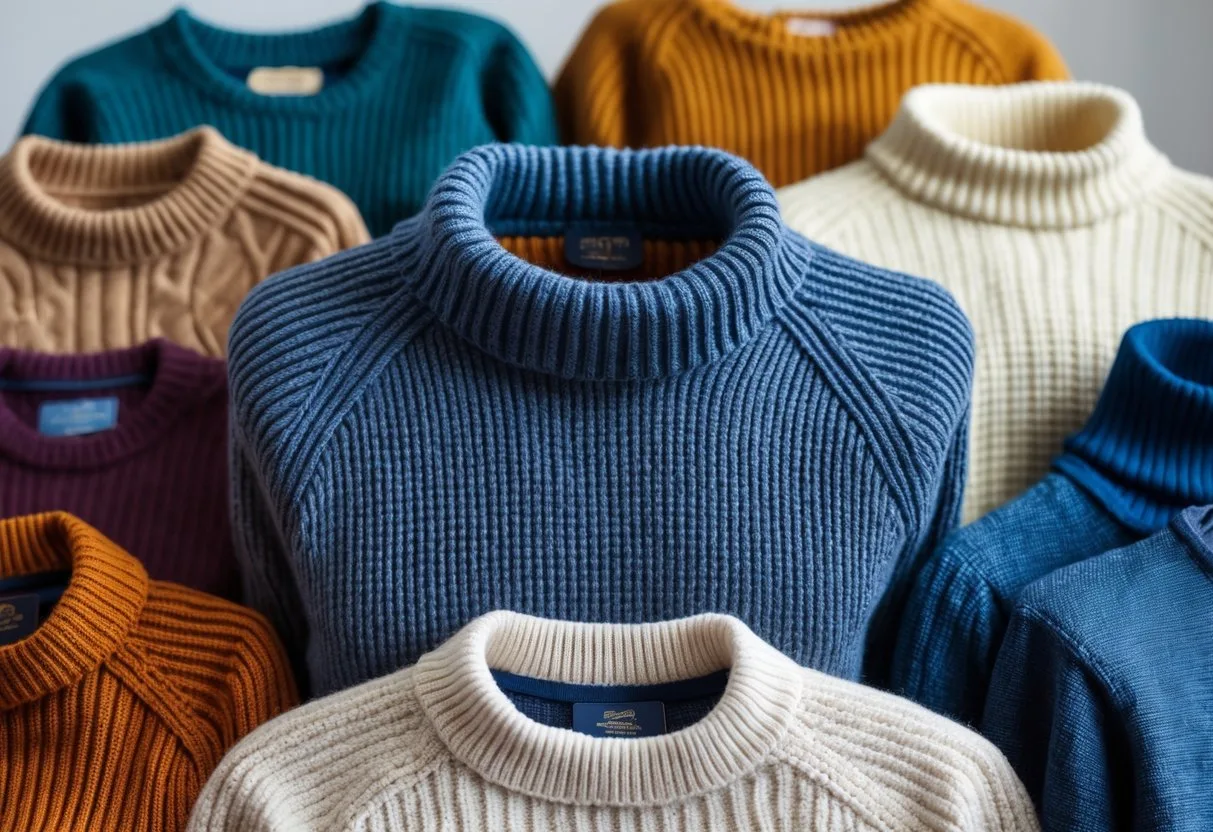 A collection of different sweaters including a thick thermal sweater, arranged neatly on a plain background.