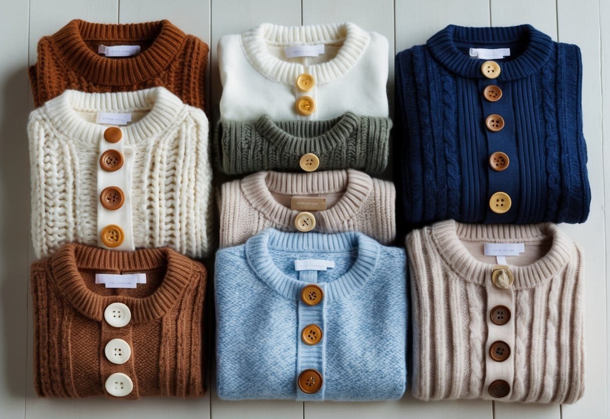 A collection of different sweaters with various button styles arranged on a wooden surface.