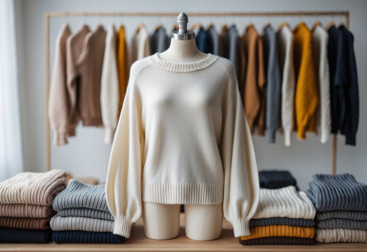 A batwing sleeve sweater displayed among different types of sweaters in a bright, clean setting.