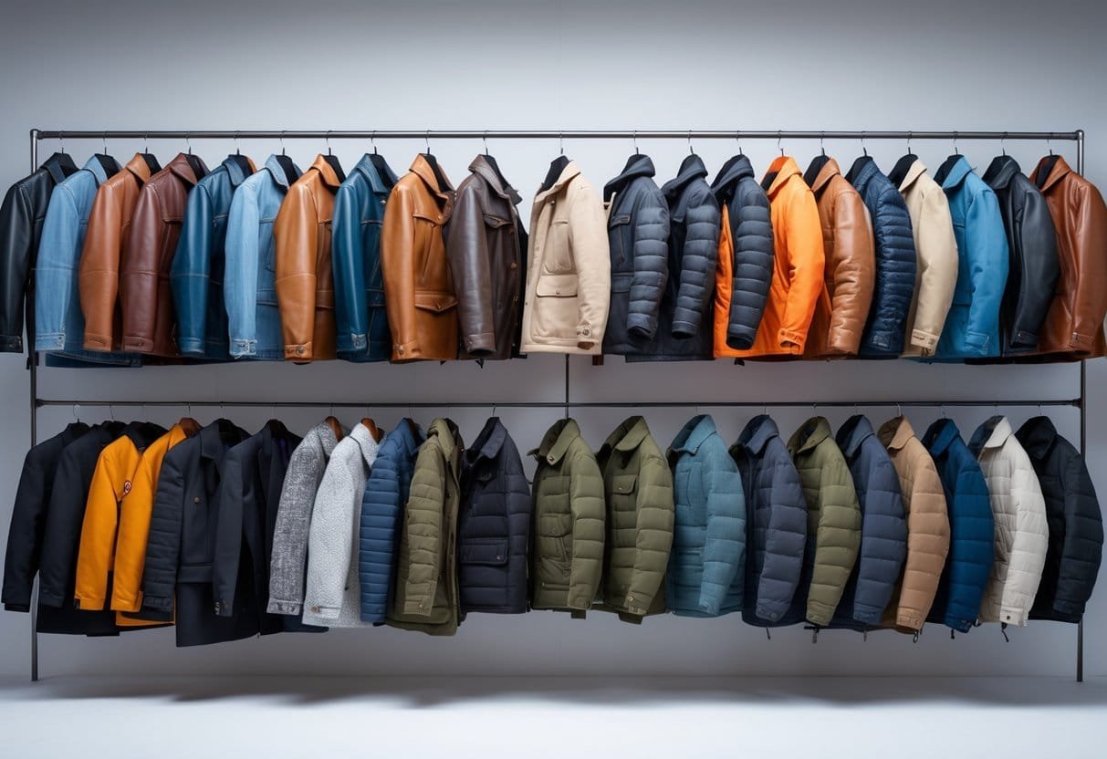 A collection of twenty different types of jackets displayed on mannequins and hangers in a studio.