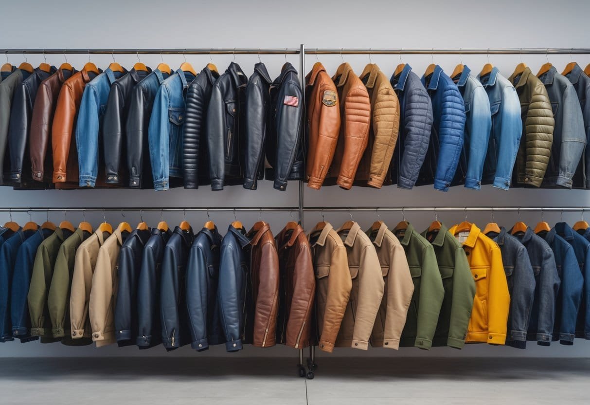 A display of twenty different jackets including various leather jackets and other styles arranged on mannequins and hangers in a bright studio.