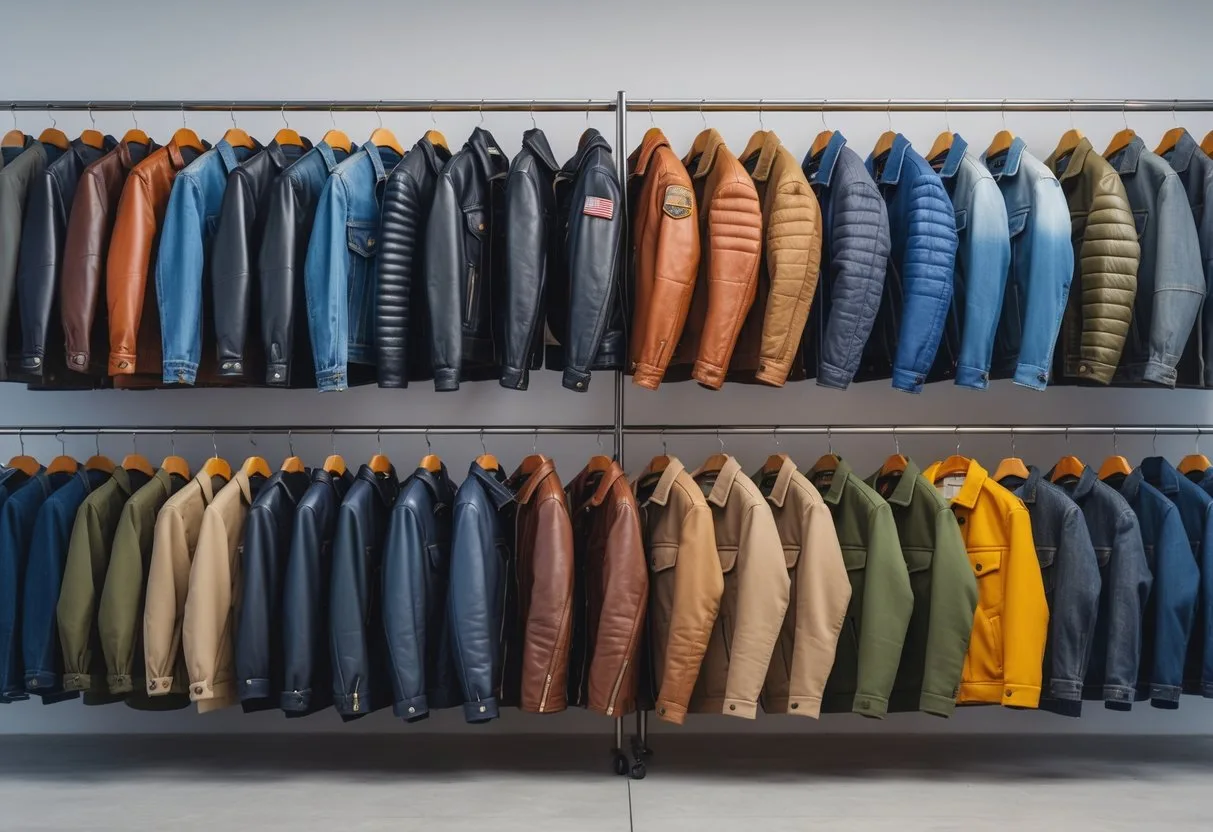 A display of twenty different jackets including various leather jackets and other styles arranged on mannequins and hangers in a bright studio.