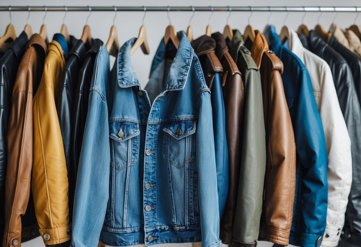 A collection of 20 different jackets including a denim jacket, displayed on hangers and mannequins against a plain background.