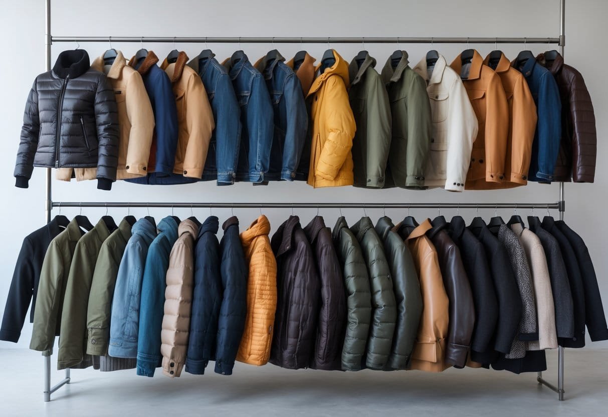 A clothing rack displaying twenty different types of jackets arranged side by side.