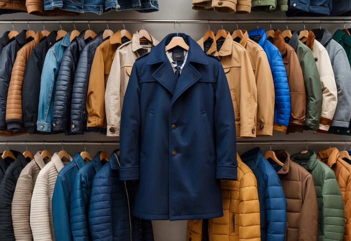 A collection of 20 different jackets hanging on wooden hangers against a neutral background, with a navy blue peacoat in the center.