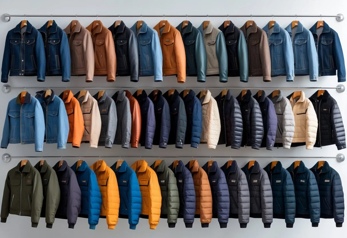 A collection of twenty different types of jackets displayed on hangers against a plain background.