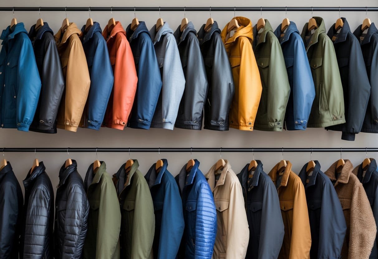 A collection of twenty different types of jackets and raincoats hanging on wooden hangers against a plain background.