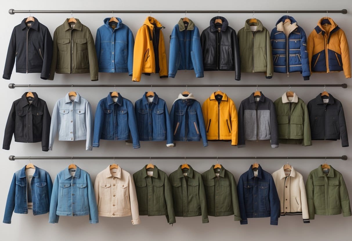 A collection of 20 different types of jackets displayed on hangers against a plain background.