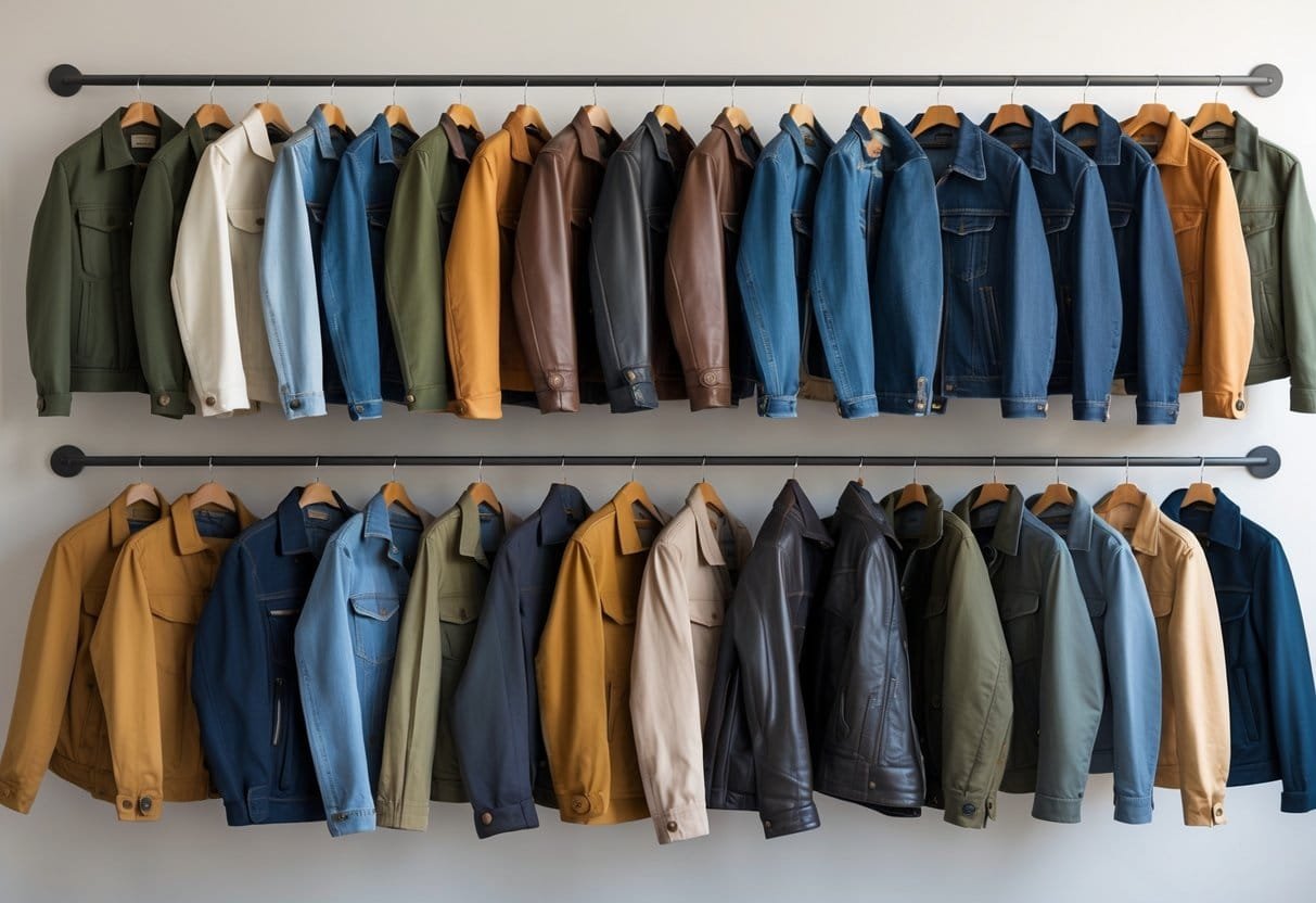 A collection of twenty different jackets hanging on wooden hangers against a plain background.