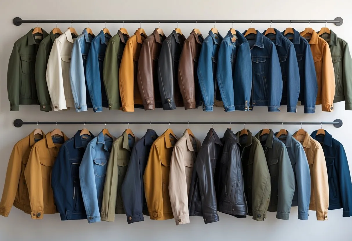 A collection of twenty different jackets hanging on wooden hangers against a plain background.
