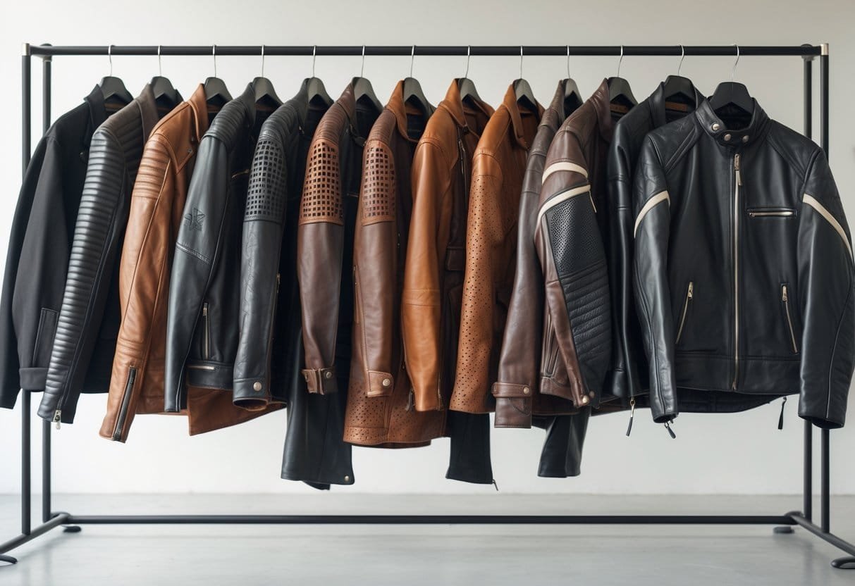 A collection of 20 different moto jackets displayed on a clothing rack in a bright studio.