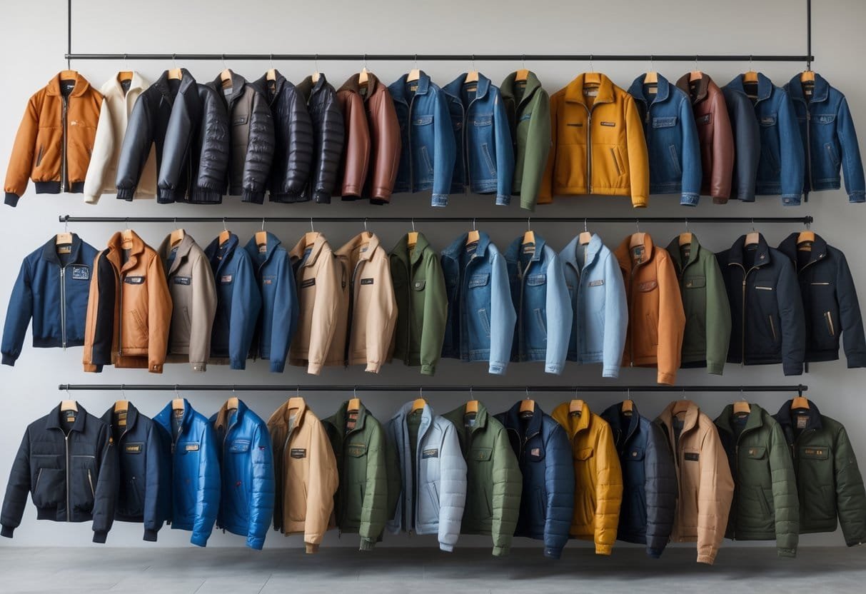 A collection of twenty different types of jackets displayed on mannequins and hangers in a bright studio.