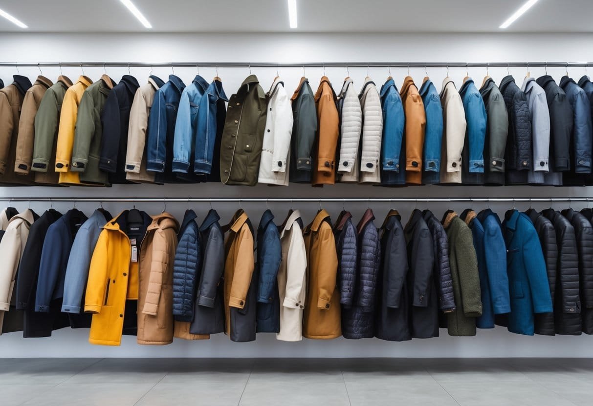 A collection of 20 different types of jackets and overcoats displayed on hangers and mannequins in a bright showroom.