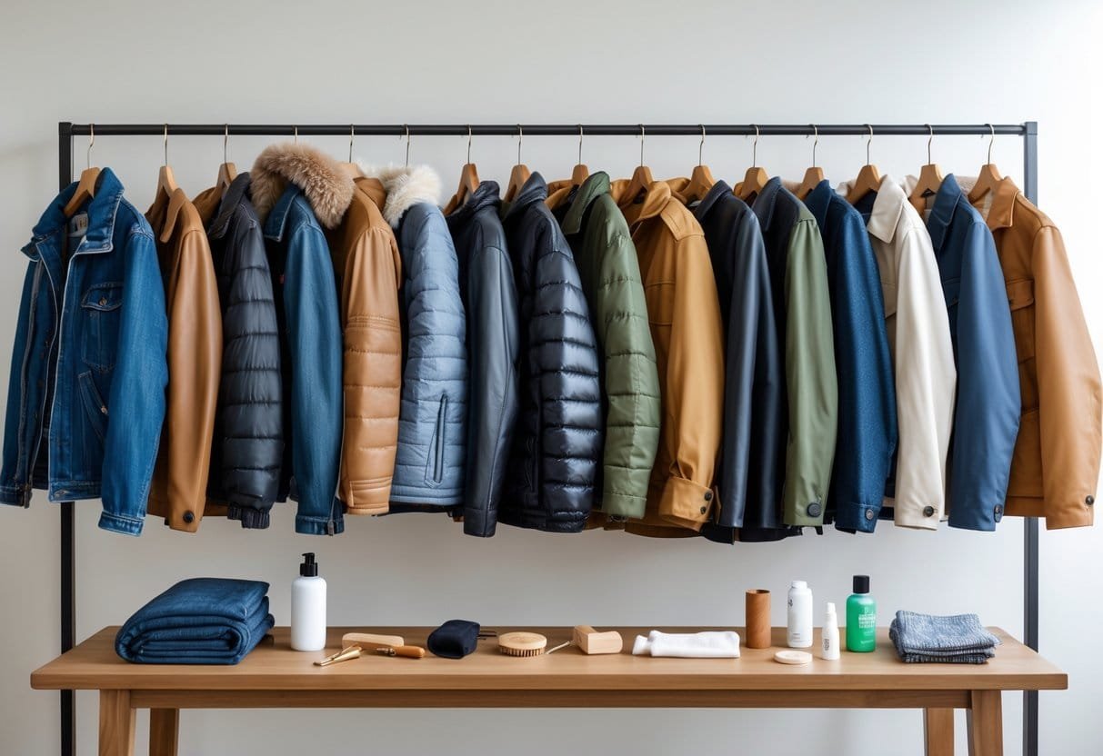 A collection of 20 different jackets hanging on wooden hangers with garment care items displayed on a table nearby.