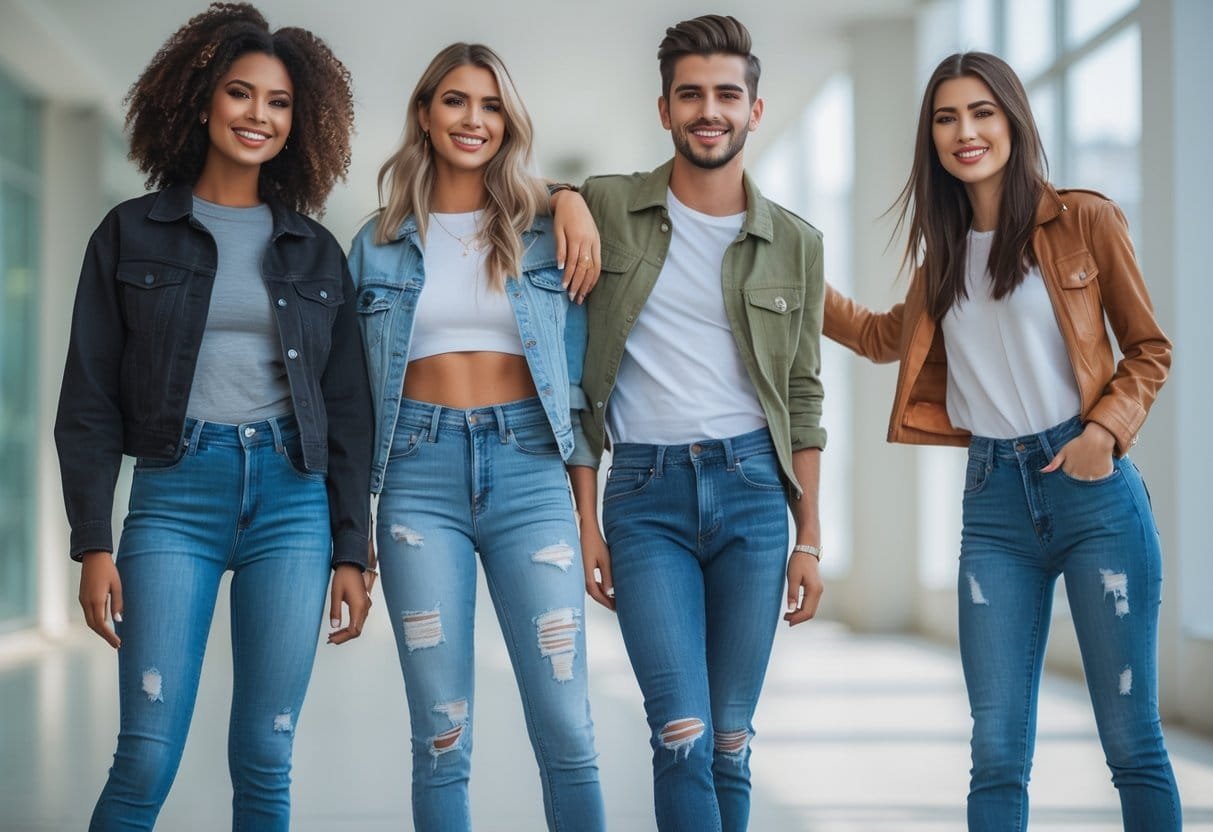 Four young adults standing together outdoors, wearing different pairs of fitted jeans, smiling and interacting casually in a modern urban environment.
