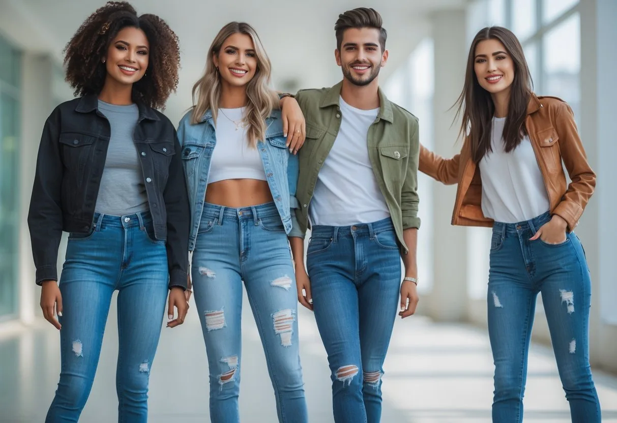 Four young adults standing together outdoors, wearing different pairs of fitted jeans, smiling and interacting casually in a modern urban environment.