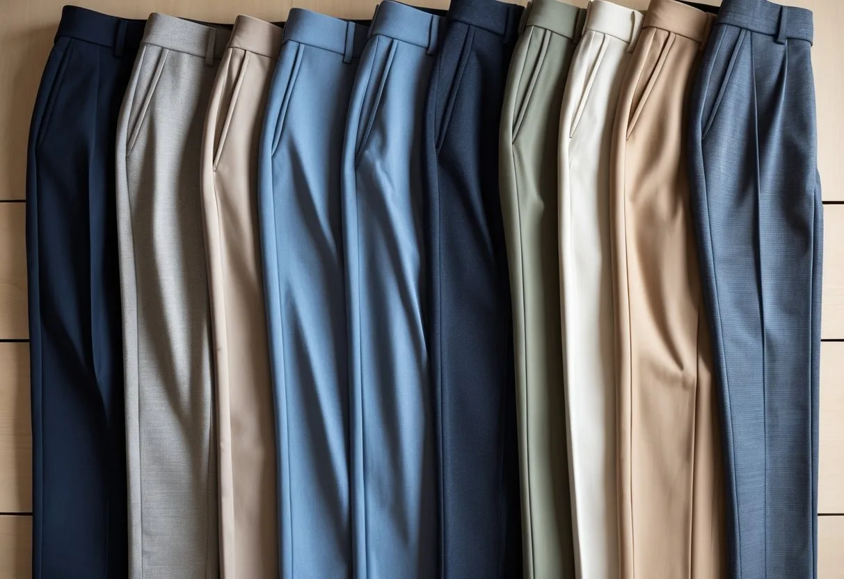 A neatly arranged collection of various trousers displayed on a wooden surface with soft natural lighting and a plain background.