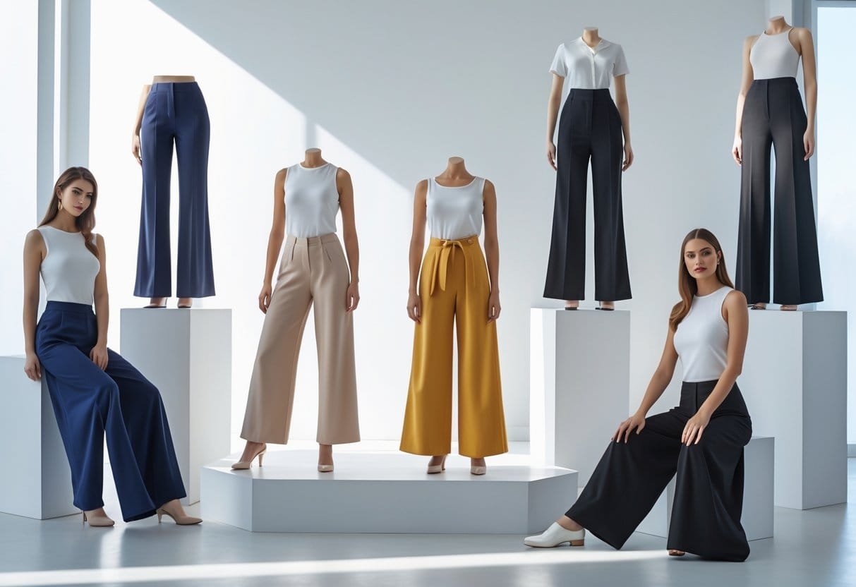 Models and mannequins display a variety of wide leg pants in a bright, minimalist studio setting.