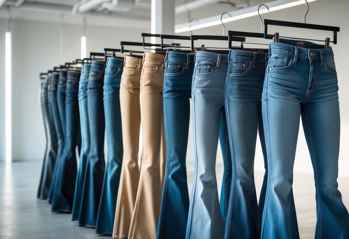 A variety of jeans displayed on hangers and mannequins in a bright, clean studio setting.