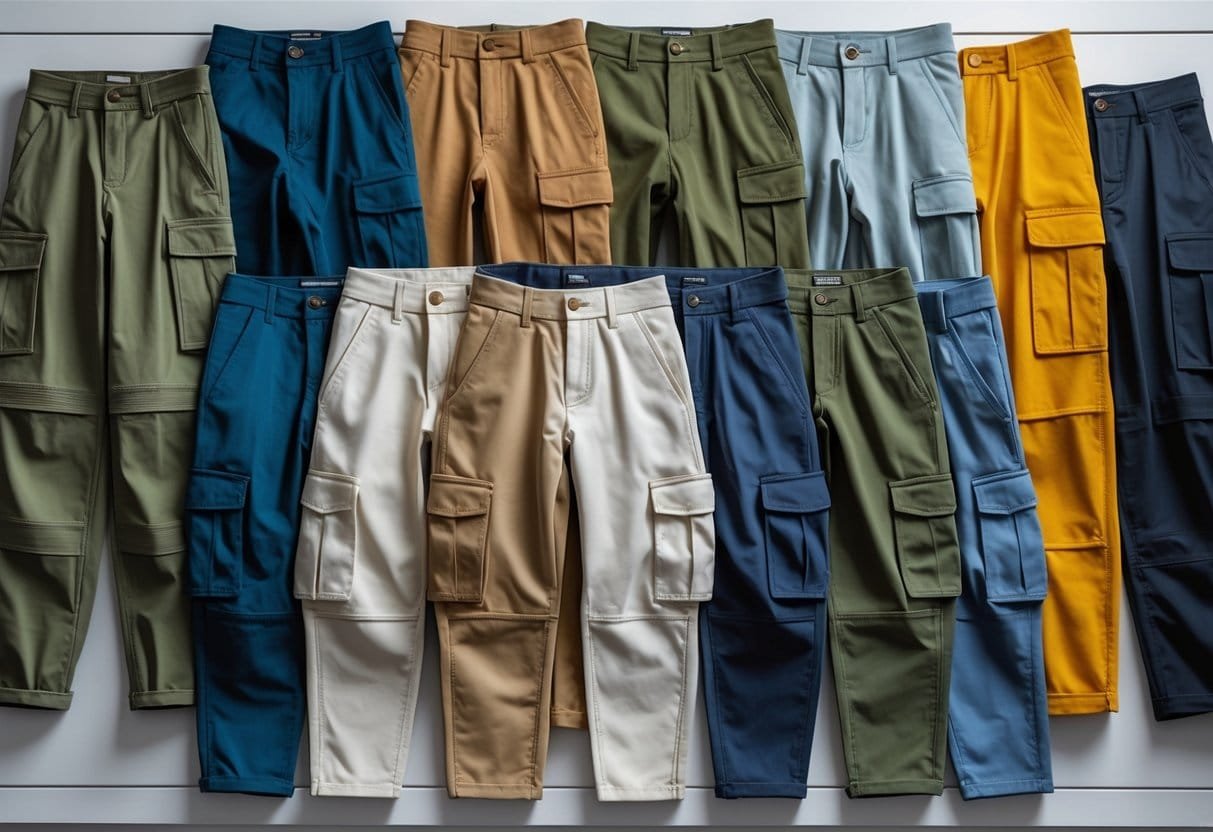 A neatly arranged collection of various cargo pants displayed on a wooden surface with bright, even lighting.