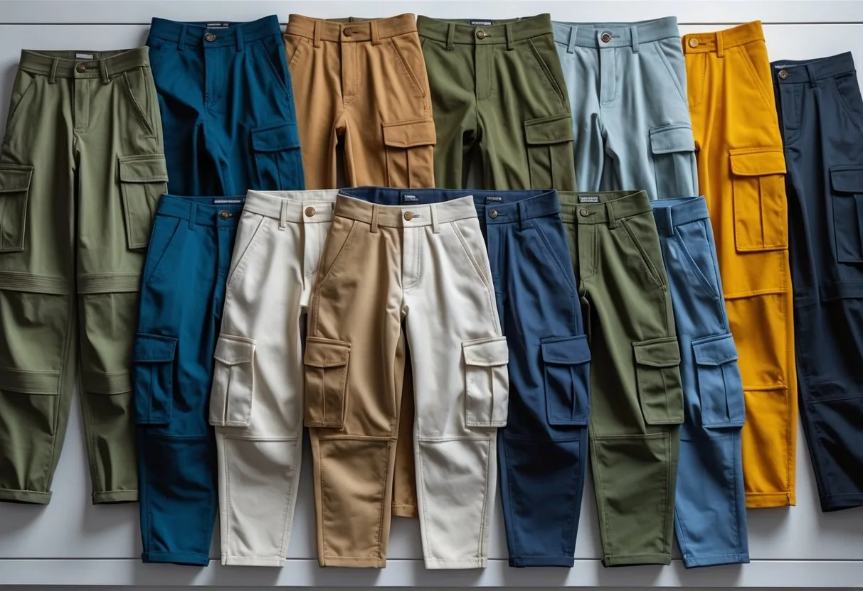 A neatly arranged collection of various cargo pants displayed on a wooden surface with bright, even lighting.