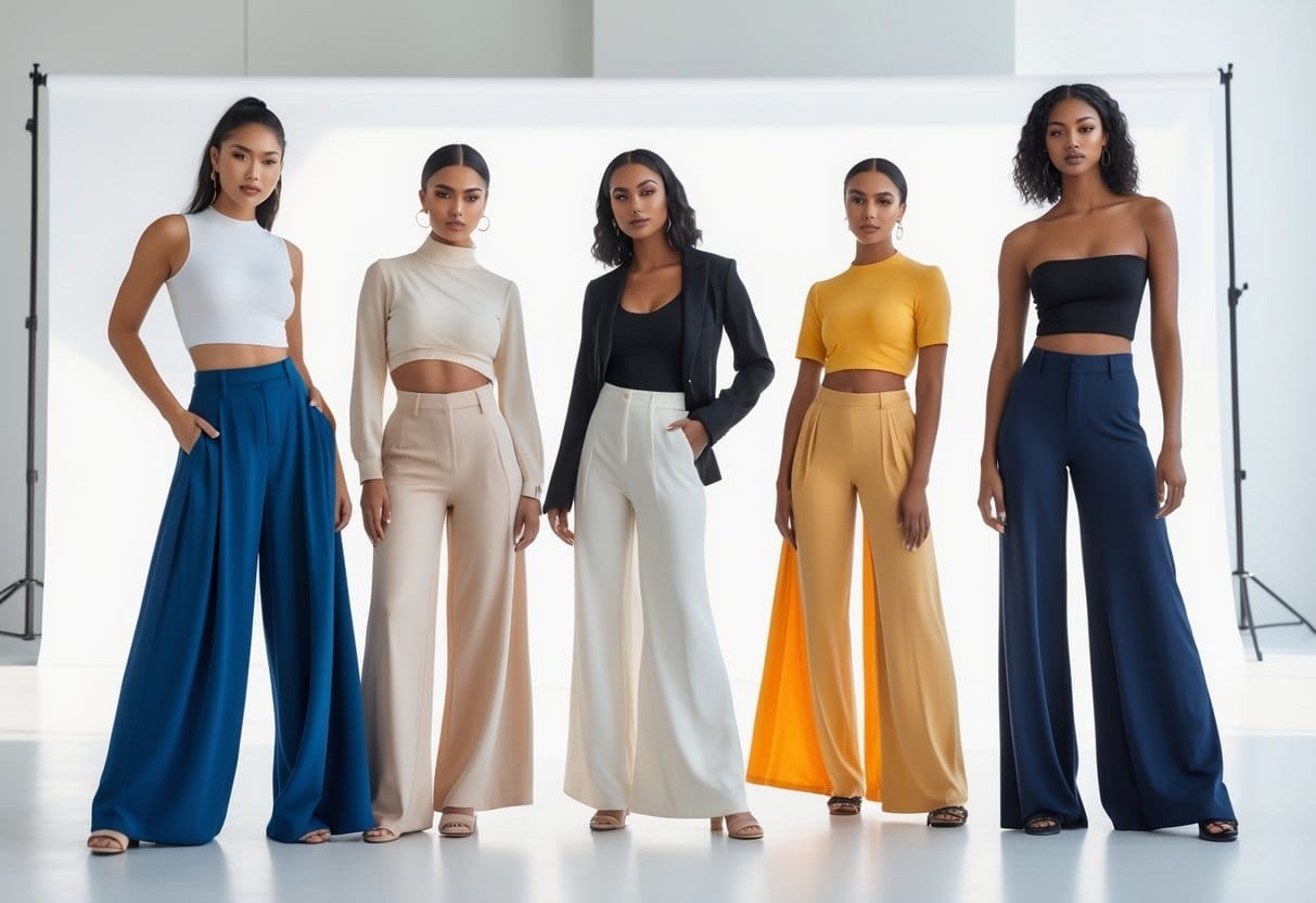 Five people standing in a bright studio wearing different styles of wide-legged pants, posing confidently and naturally.