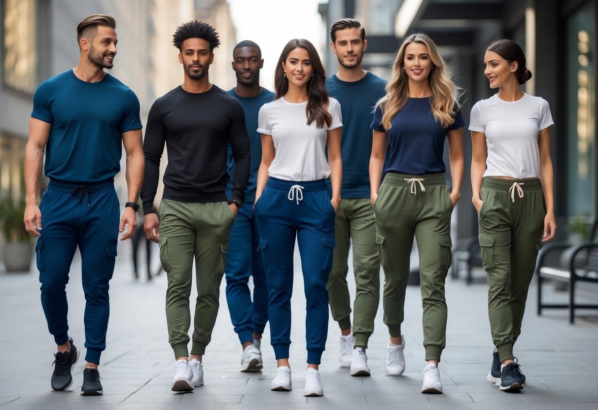 A diverse group of people wearing different types of pants standing and sitting outdoors in a city setting.