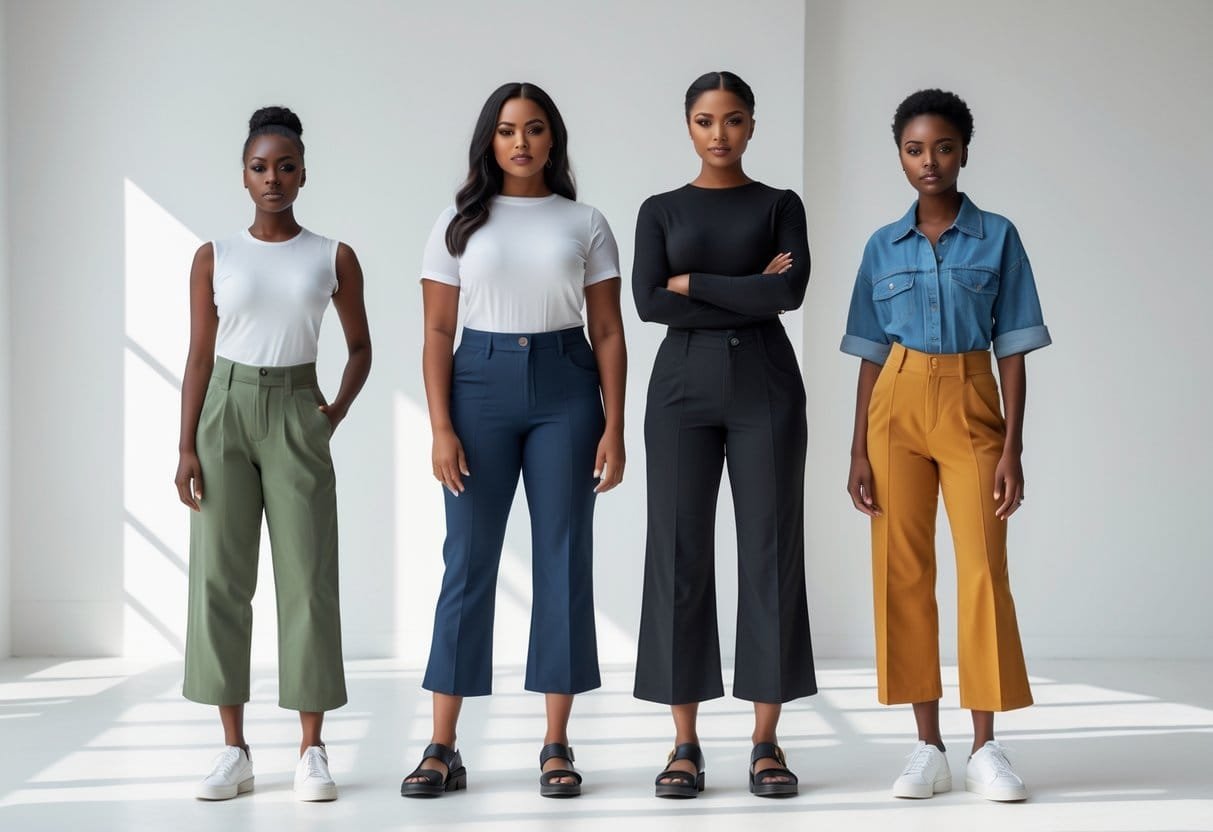 Four people standing in a bright studio wearing different types of cropped pants.