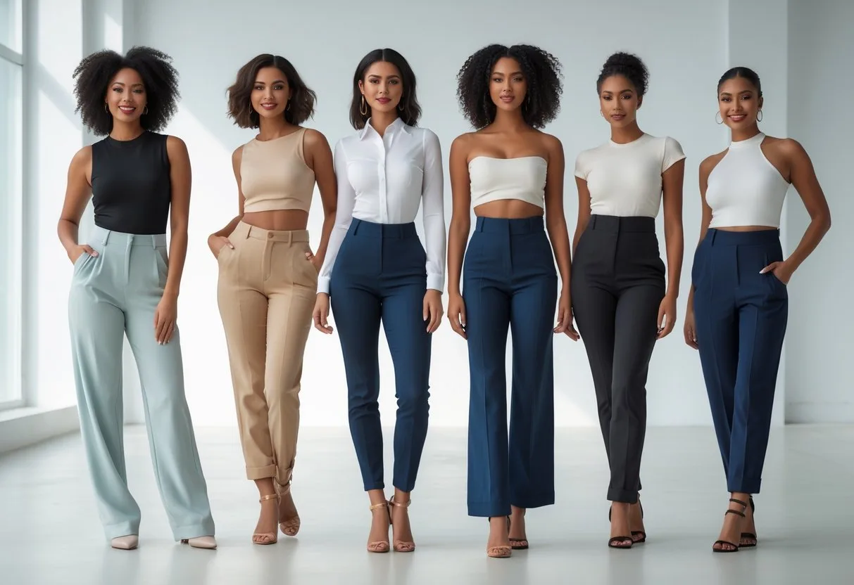 Four women standing together in a bright studio, each wearing different high-waisted pants, posing confidently with natural lighting.
