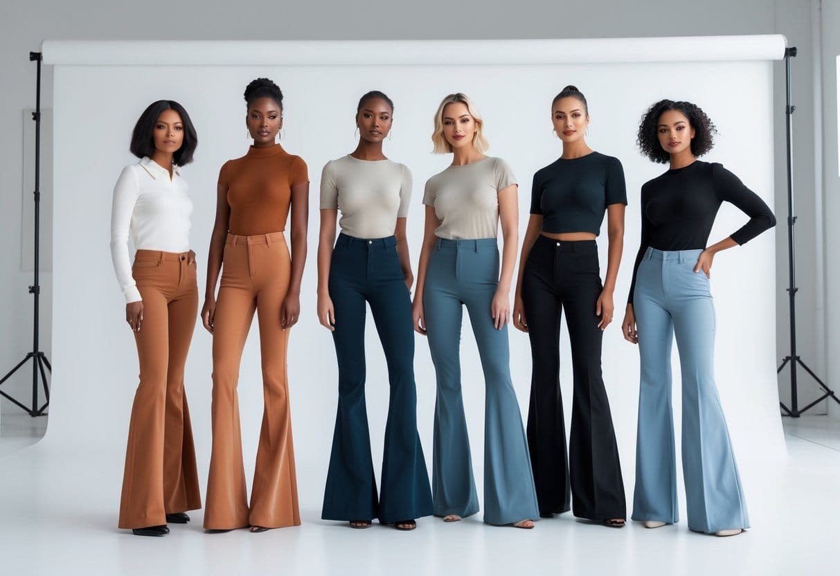 A group of five people standing in a bright studio wearing different styles of pants, posing naturally against a plain white background.