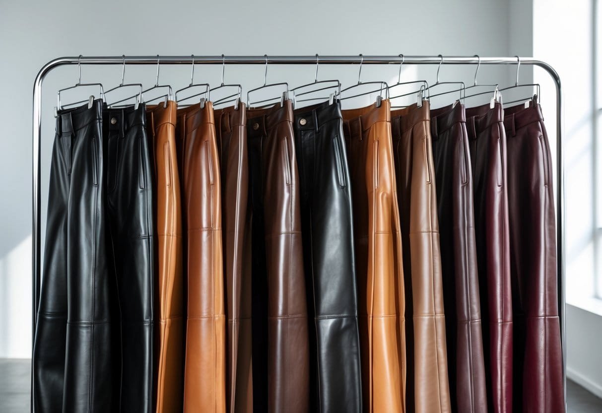 A collection of leather pants hanging on a clothing rack in a bright, modern studio.