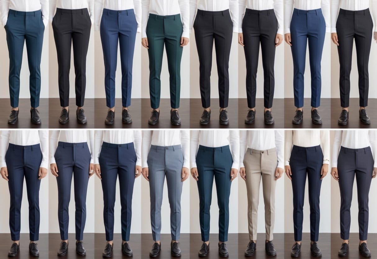 A variety of slim fit trousers displayed on a wooden surface and worn by models in a clean, well-lit studio.