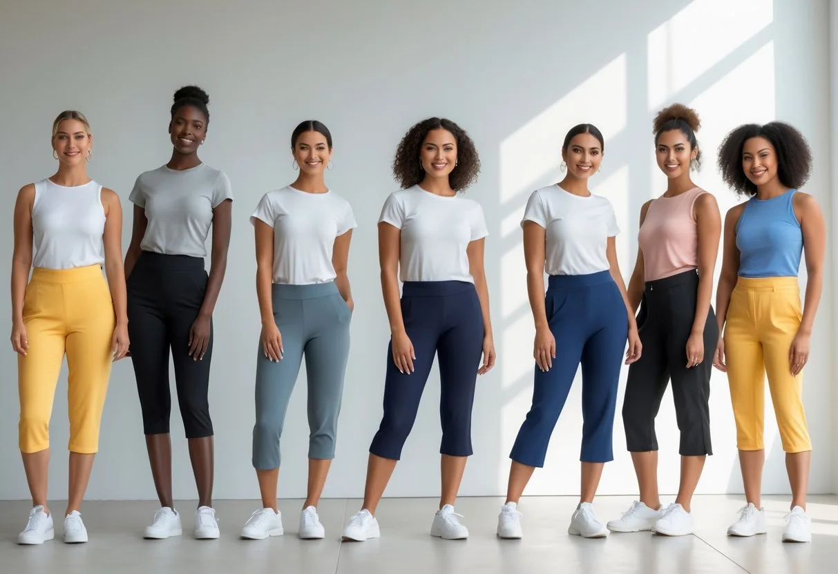 A group of diverse people posing indoors, each wearing different styles of cropped pants, in a bright and modern studio.