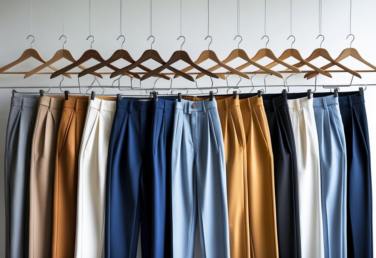 A row of neatly hung dress pants displayed on wooden hangers against a plain white background.