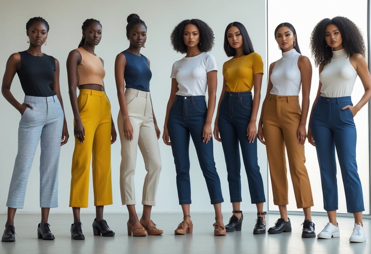 A group of diverse people standing together in a bright studio, each wearing different styles of pants.