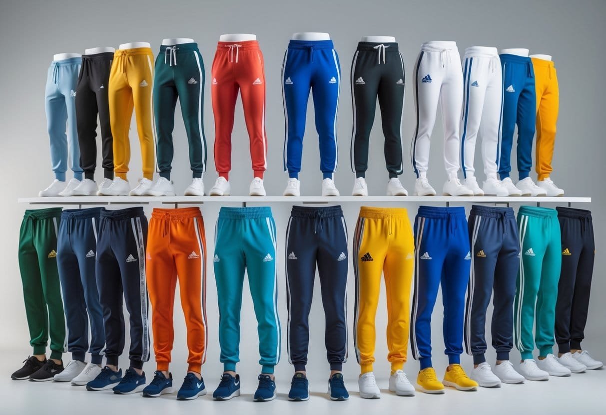 A group of mannequins and models wearing various athletic track pants in a bright studio setting.