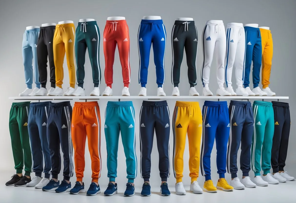 A group of mannequins and models wearing various athletic track pants in a bright studio setting.