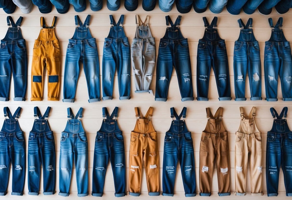 A top-down view of multiple pairs of denim overalls pants arranged neatly on a wooden surface.