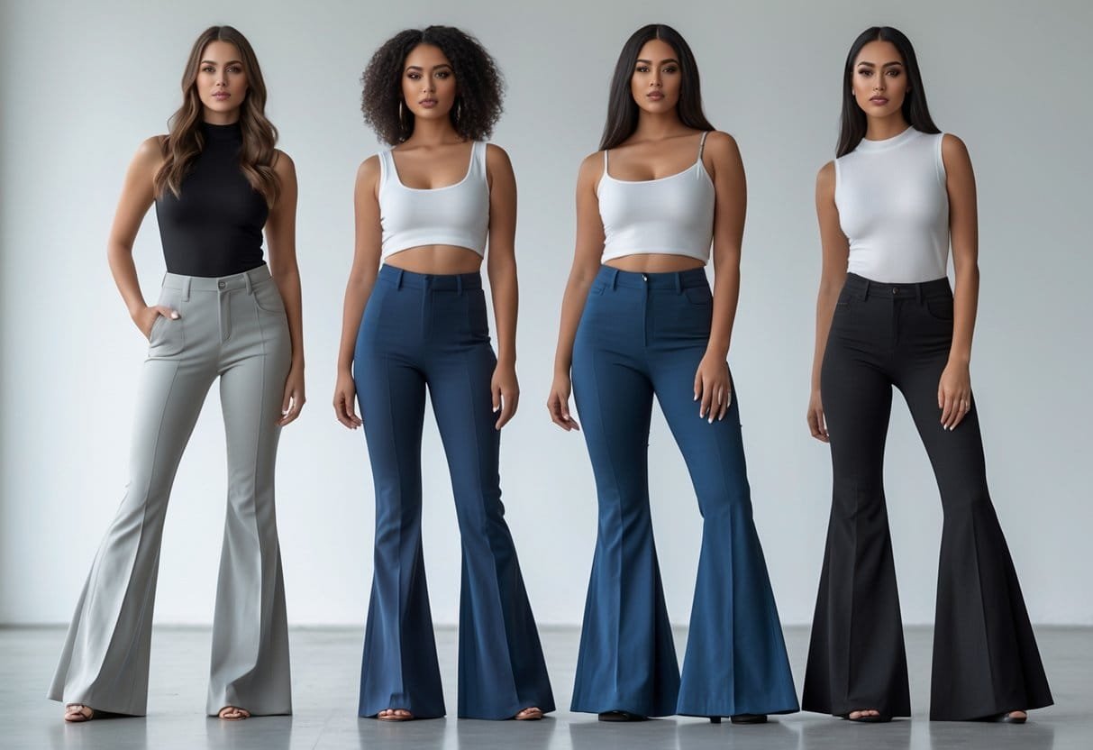 Four models standing in a studio wearing different styles of wide-legged pants, posing naturally against a plain background.