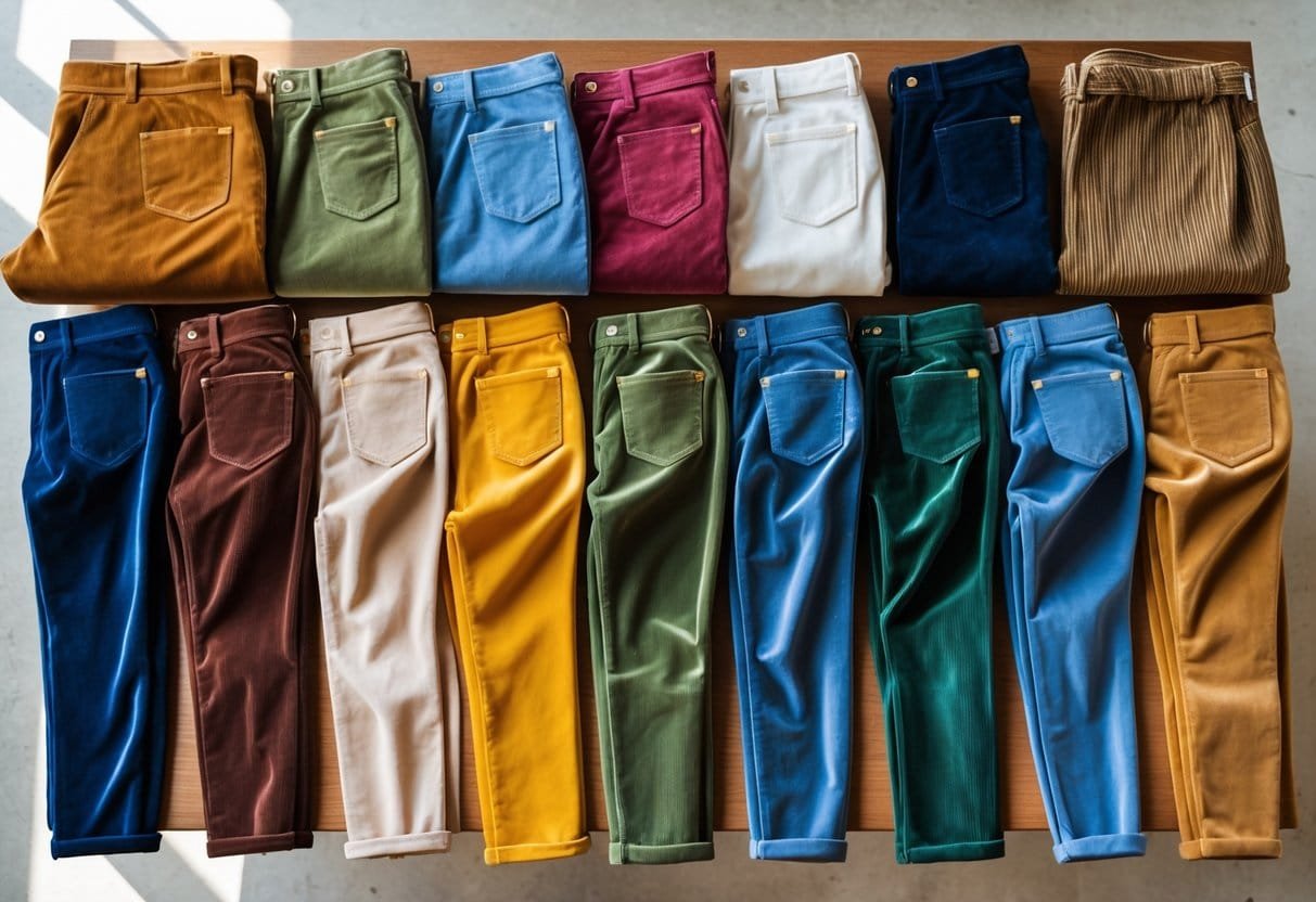 A top-down view of multiple pairs of corduroy pants arranged neatly on a wooden surface.