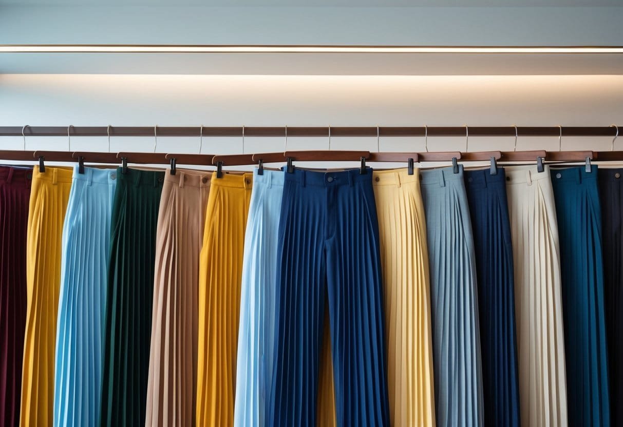 A neatly arranged selection of various pleated trousers hanging on wooden hangers in a bright, modern studio setting.