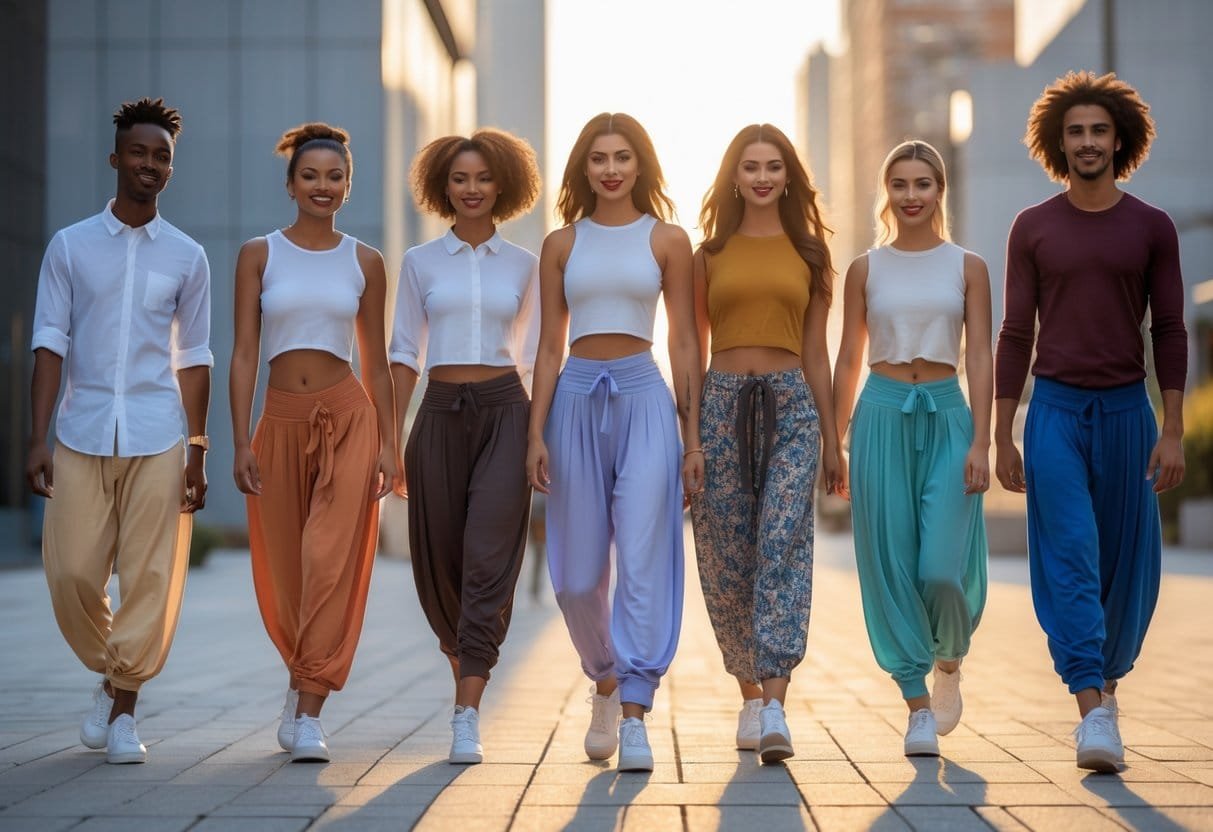 A group of people standing and walking outdoors in a city setting, wearing loose, comfortable pants.