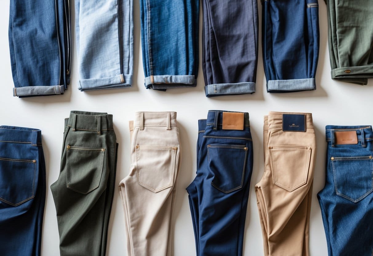 Flat lay of several pairs of pants made from different fabrics, arranged neatly on a plain background, showing various details like seams and pockets.